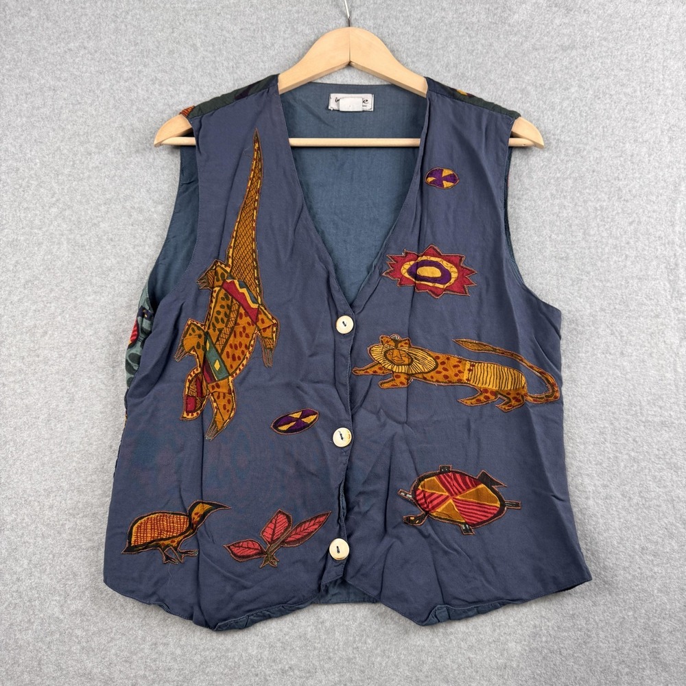 VTG In Style New York Vest Womens Large Blue Animal Safari Rayon Button Artsy